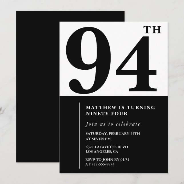 Chic Black and White 94th birthday invitation (Front/Back)