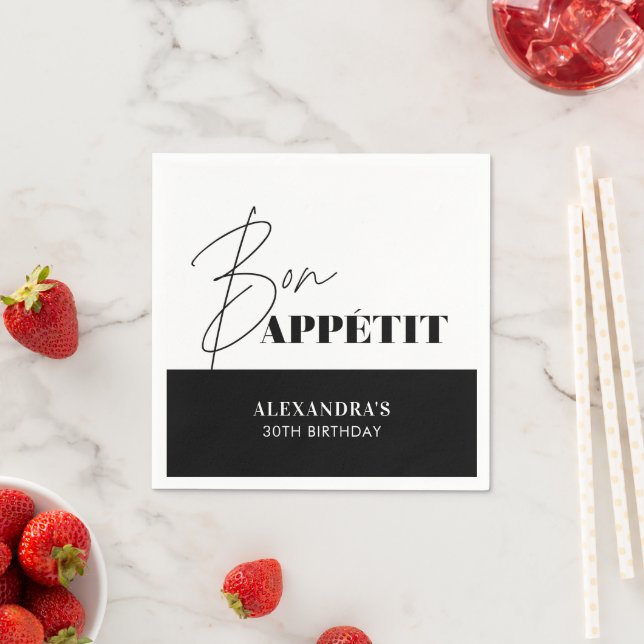 Chic Black and White Bon Appétit Script Birthday  Napkin (Insitu)