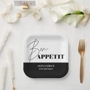 Chic Black and White Bon Appétit Script Birthday Paper Plate