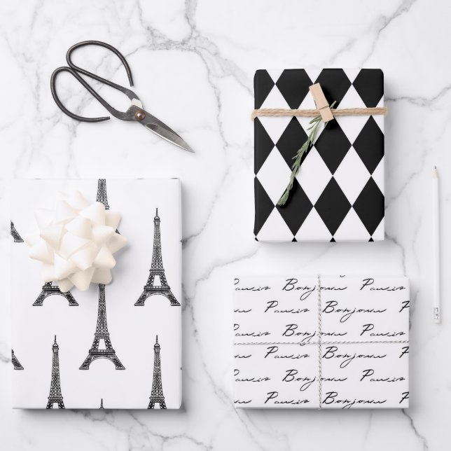 Chic Black and White Bonjour  Wrapping Paper Sheet (Front)