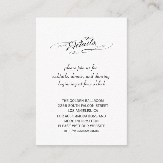 Chic Black and White Calligraphy Wedding Details Enclosure Card (Front)