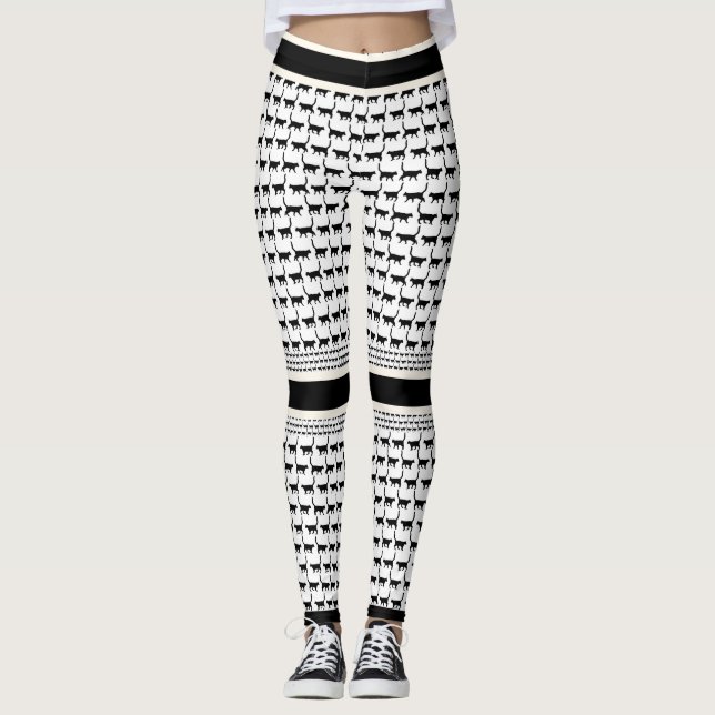 Chic Black and White Cat Print Leggings (Front)