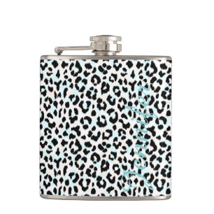 Chic black and white cheetah print monogram hip flask