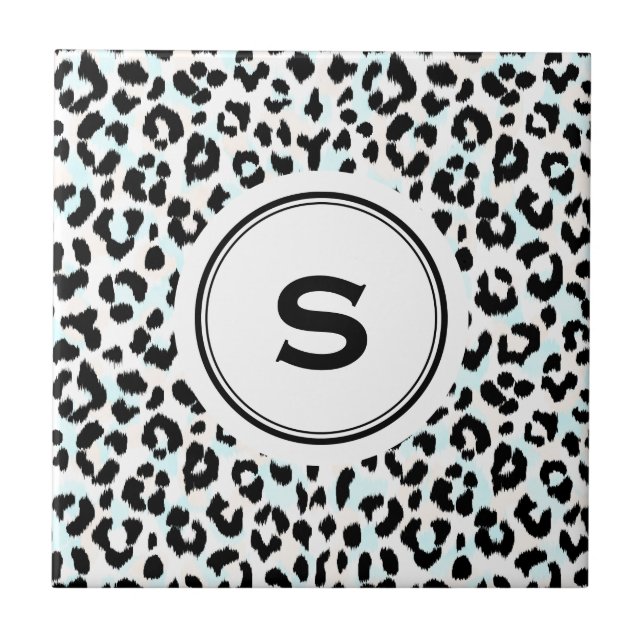 Chic black and white cheetah print monogram tile (Front)
