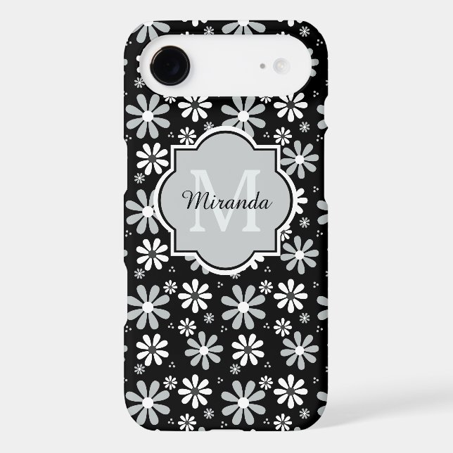 Chic Black and White Daisies Name With Monogram Case-Mate iPhone Case (Back)