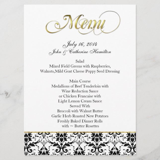 Chic Black and White Damask Custom Wedding Menu (Front)