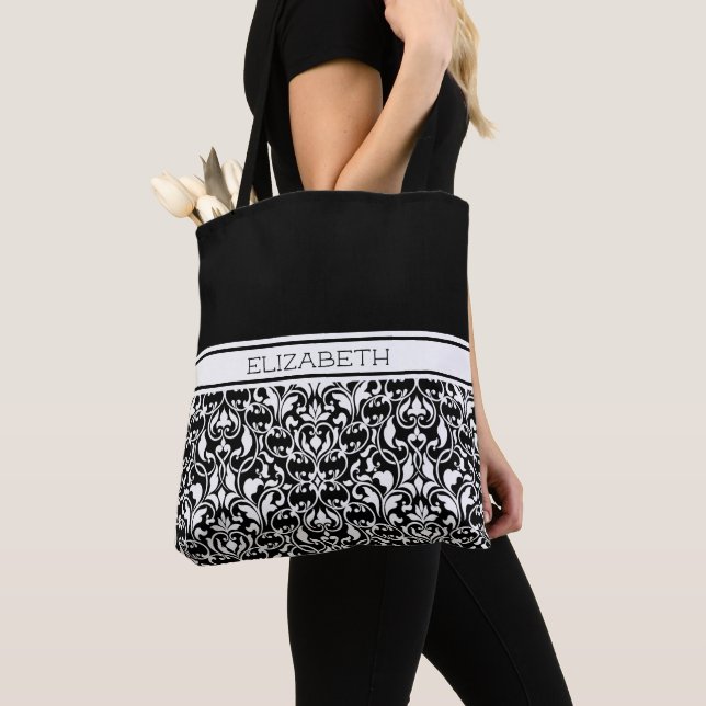 Chic Black and White Damask Personalised Tote Bag (Close Up)