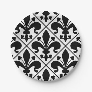 Chic Black and White Fleur de Lis Paper Plate