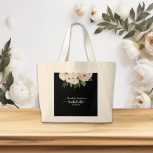 Chic Black And White Floral Bachelorette Party Large Tote Bag