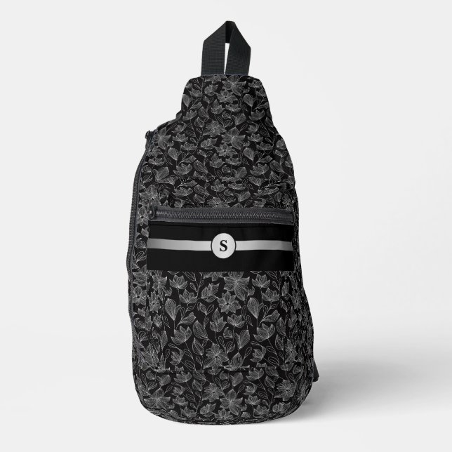 Chic Black and White Floral Personalised Sling Bag (Front)