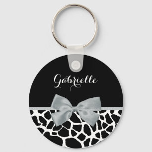 Chic Black and White Giraffe Print Silver Gray Bow Key Ring