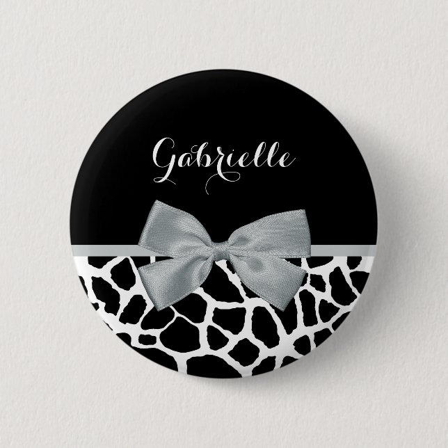 Chic Black and White Giraffe Print Silver Grey Bow 6 Cm Round Badge (Front)