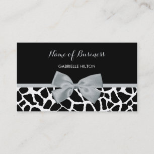 Chic Black and White Giraffe Print Silver Grey Bow Business Card