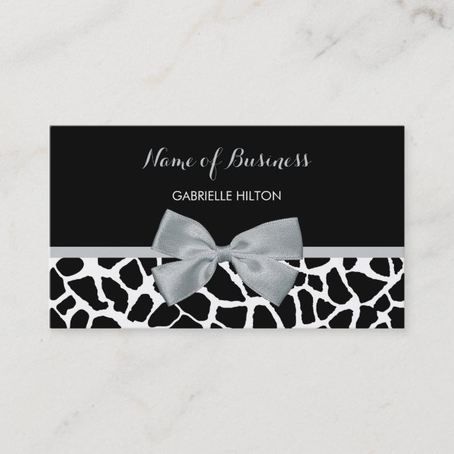 Chic Black and White Giraffe Print Silver Grey Bow Business Card (Front)