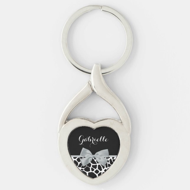 Chic Black and White Giraffe Print Silver Grey Bow Key Ring (Front)