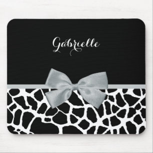 Chic Black and White Giraffe Print Silver Grey Bow Mouse Pad