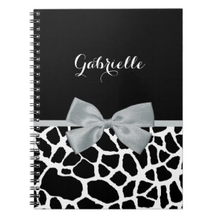 Chic Black and White Giraffe Print Silver Grey Bow Spiral Notebook
