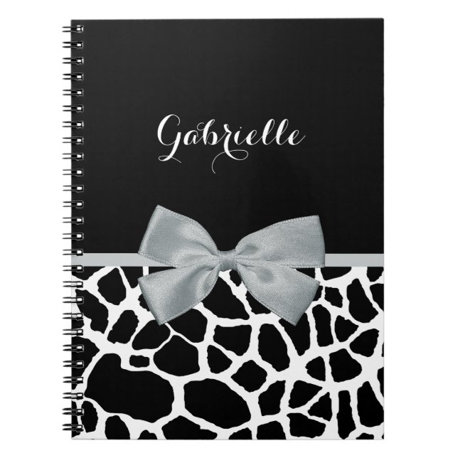 Chic Black and White Giraffe Print Silver Grey Bow Spiral Notebook (Front)