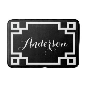 Chic Black and White Greek Key Custom Monogram Bath Mat