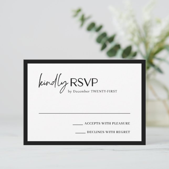 Chic Black and White Modern Wedding RSVP Card (Standing Front)