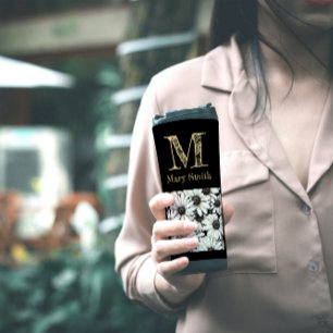 Chic Black and White Monogrammed Floral Minimalist Thermal Tumbler