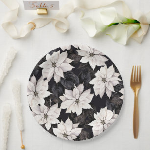 Chic black and white poinsettia paper plate