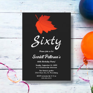 Chic Black And White Red Leaves Fall 60th Birthday Invitation