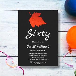 Chic Black And White Red Leaves Fall 60th Birthday Invitation