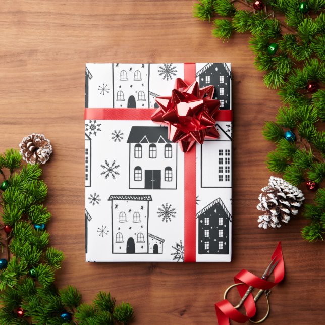 Chic Black and White Snowflakes Houses Holiday  Wrapping Paper (Holiday Gift)