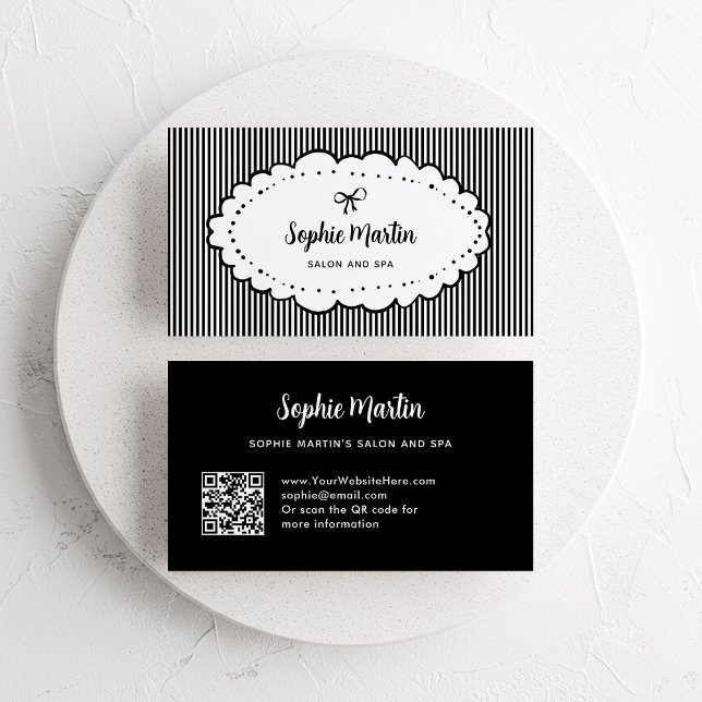 Chic Black and White Stripes and Bow | QR Code Business Card (Creator Uploaded)