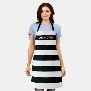 Chic black and white stripes custom monogram name apron