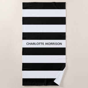 Chic black and white stripes custom name monogram beach towel