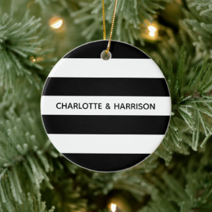 Chic black and white stripes custom name monogram ceramic tree decoration