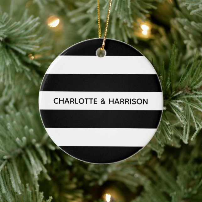 Chic black and white stripes custom name monogram ceramic tree decoration (Tree)