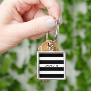 Chic black and white stripes custom name monogram key ring