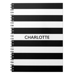 Chic black and white stripes custom name monogram notebook