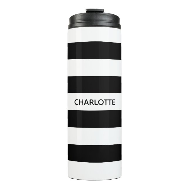 Chic black and white stripes custom name monogram thermal tumbler (Front)