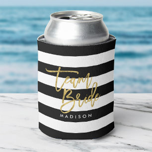 Chic Black and White Stripes Faux Gold Team Bride Can Cooler