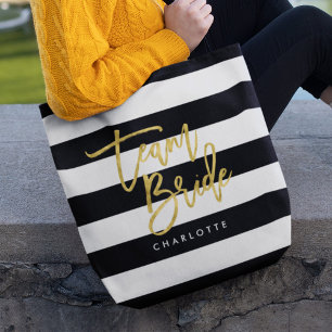 Chic Black and White Stripes Faux Gold Team Bride Tote Bag