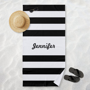 Chic Black and White Stripes Personalised Beach Towel