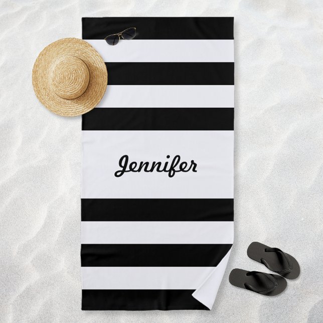 Chic Black and White Stripes Personalised Beach Towel (Chic Black and White Stripes Personalized Beach Towel)