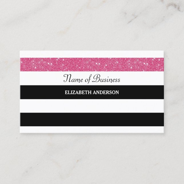 Chic Black and White Stripes Pink FAUX Glitz Business Card (Front)