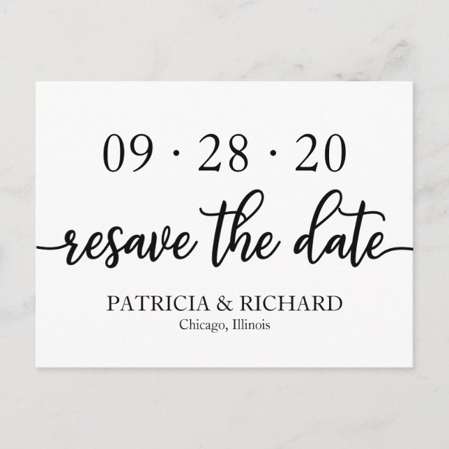 Chic Black And White Wedding Resave The Date Postcard (Front)