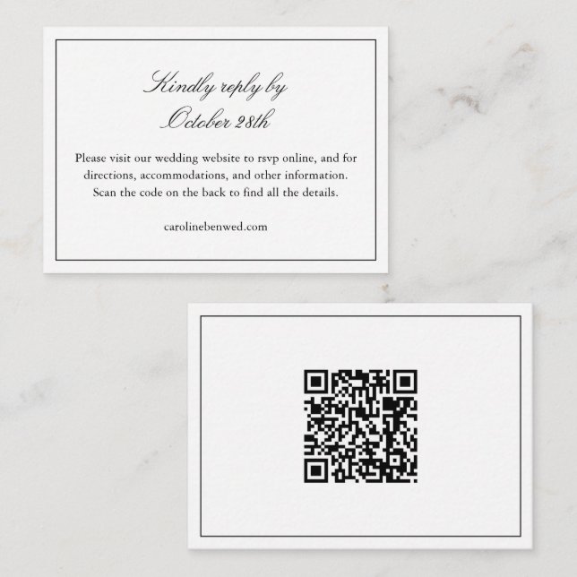 Chic Black and White Wedding Website QR Code RSVP Enclosure Card (Front/Back)