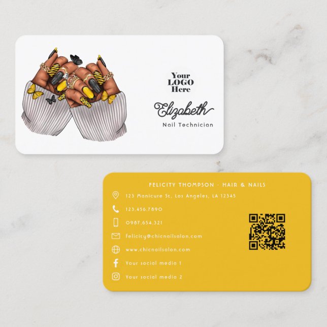 Chic Black and Yellow Nail Salon Branding Design Business Card (Front/Back)