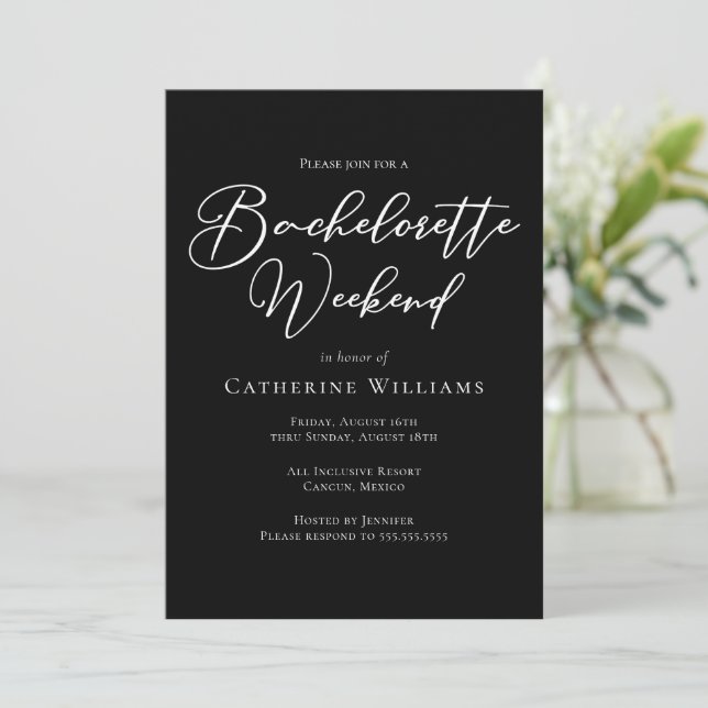 Chic Black Bachelorette Weekend Minimalist Invitation (Standing Front)