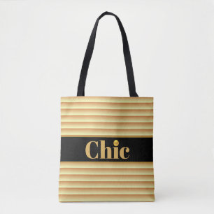 Chic Black Belt on Golden Striped Tote Bag
