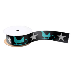Chic Black Blue Sleigh Silver Star Glitter Pattern Satin Ribbon