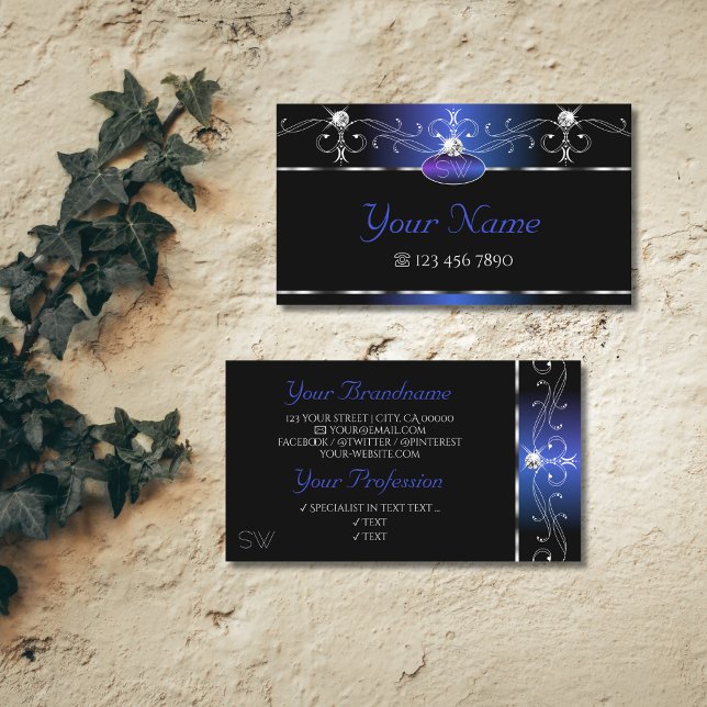Chic Black Blue Squiggles Sparkle Jewels Initials Business Card (Creator Uploaded)