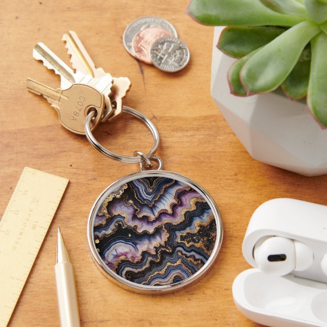 Chic Black Blue Violet Purple Gold Marble Pattern Key Ring (Desk)